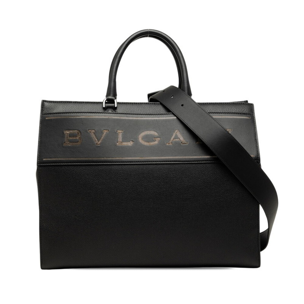 BVLGARI Logo Tote Bag, Handbag, Shoulder Bag (2-way), Black Grained Calf Leat...